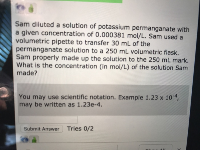 Solved Sam diluted a solution of potassium permanganate with