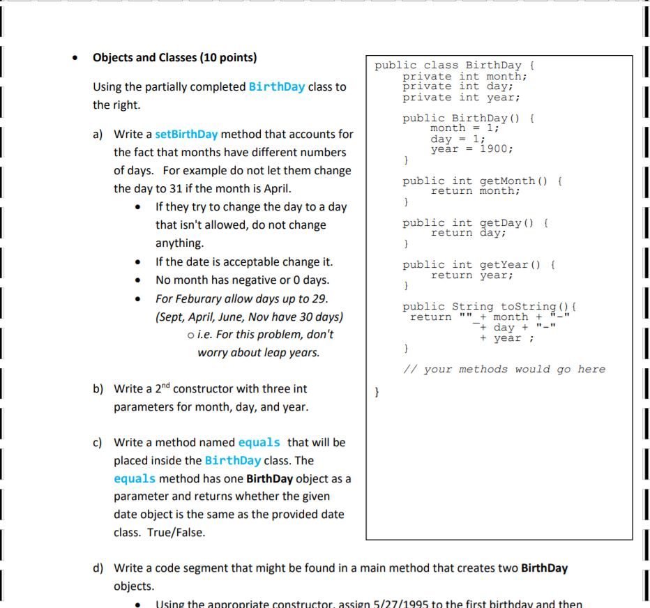 Solved • Objects and Classes (10 points) Using the partially | Chegg.com