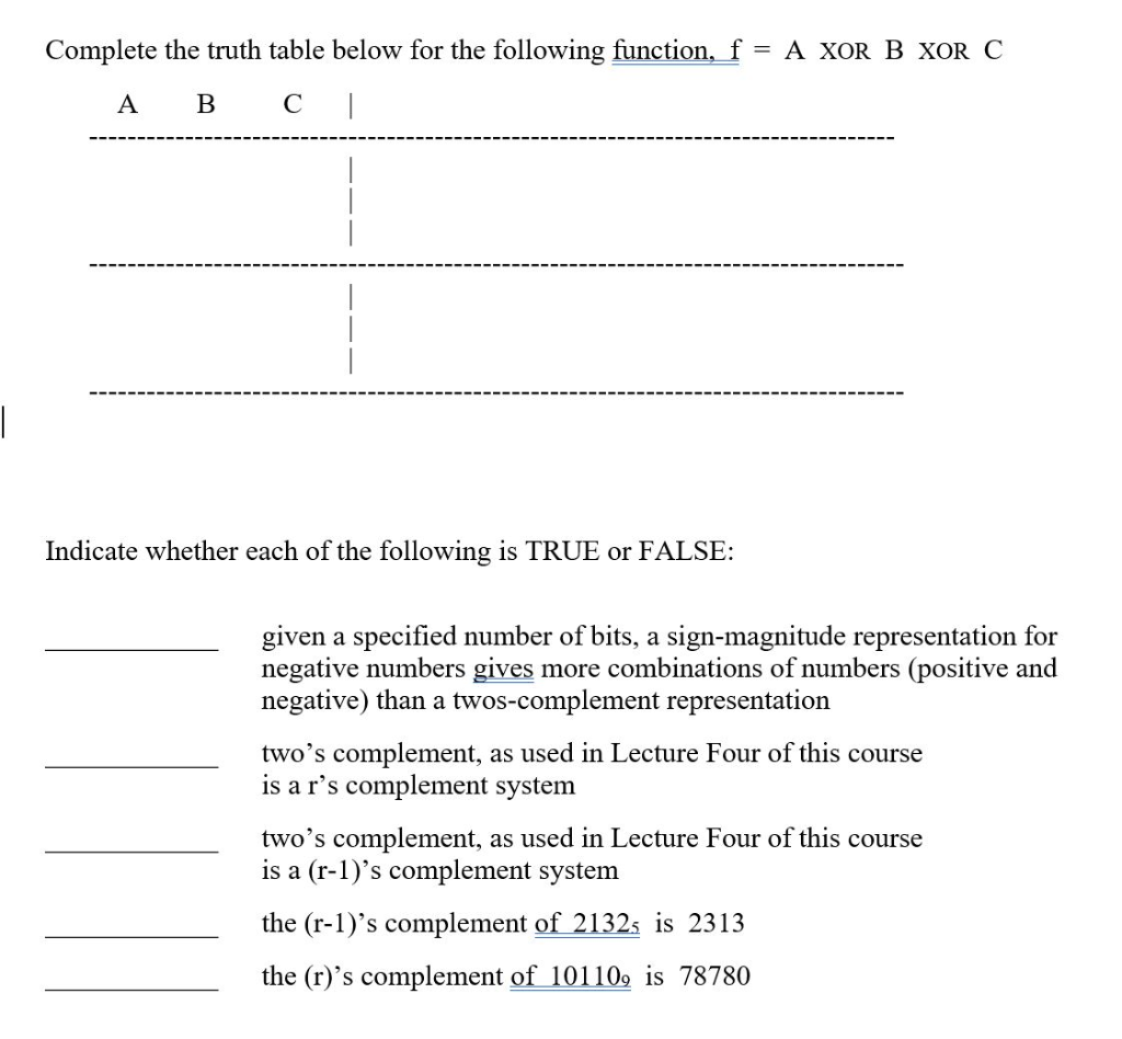 Solved Complete the truth table below for the following | Chegg.com