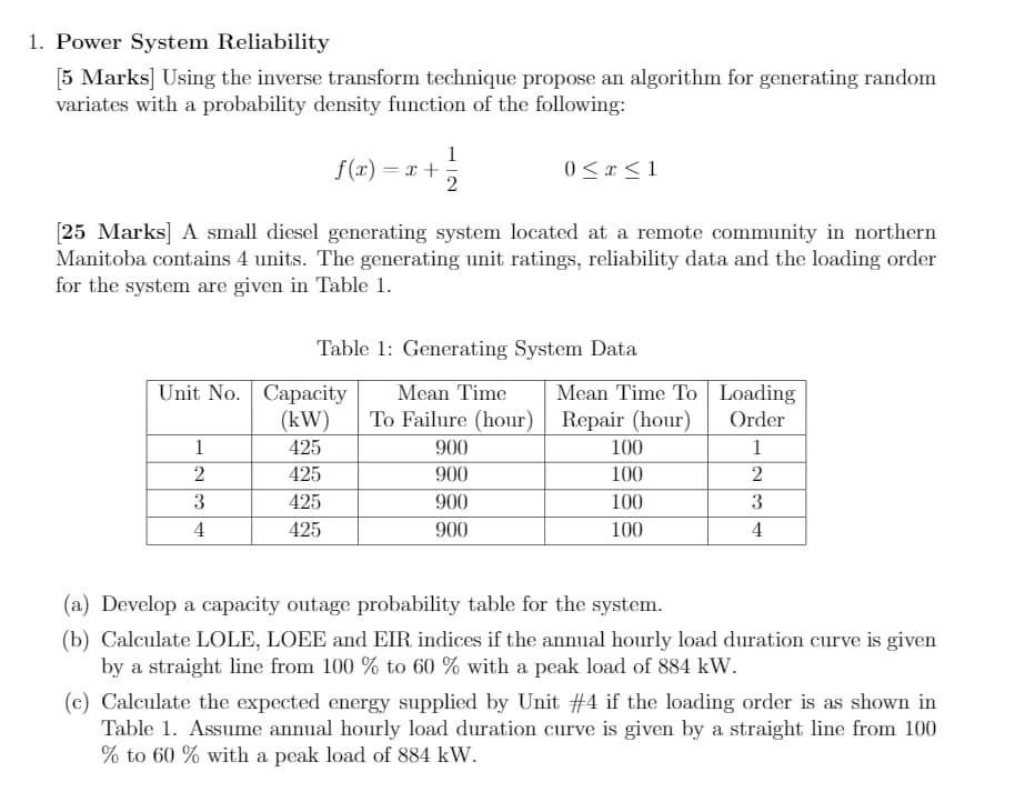 1. Power System Reliability [5 Marks] Using the | Chegg.com