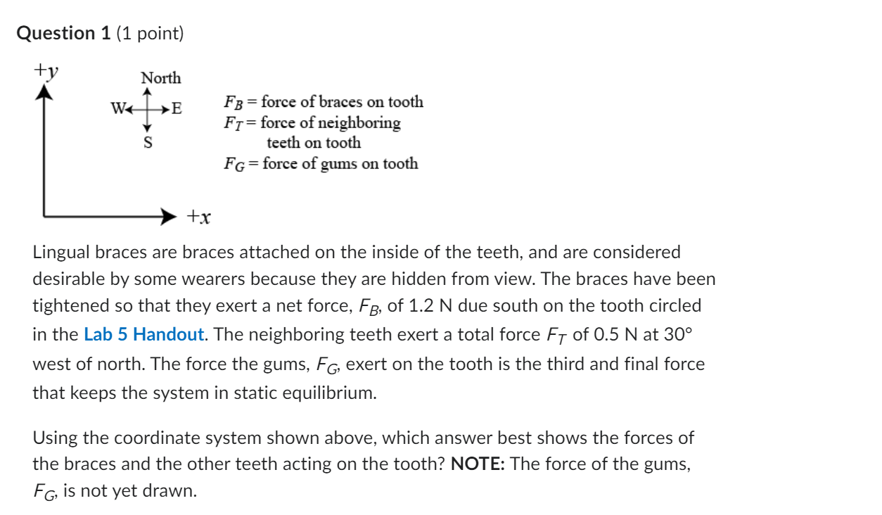 Question 1 (1 point) FB= force of braces on tooth FT= | Chegg.com