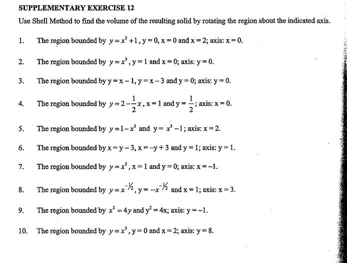 Solved SUPPLEMENTARY EXERCISE 12 Use Shell Method to find | Chegg.com