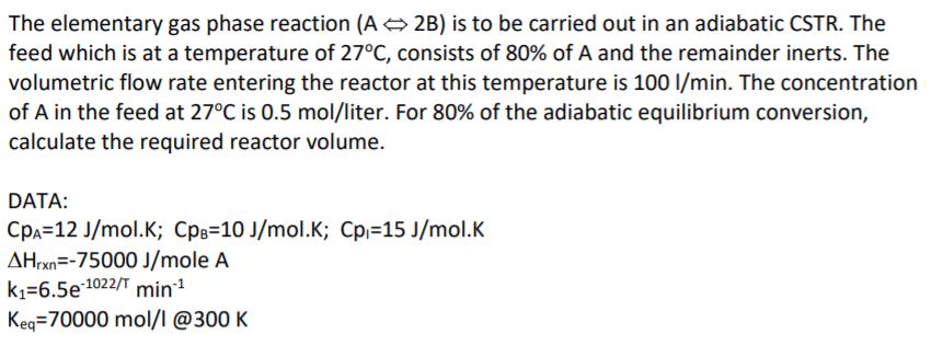 Solved The elementary gas phase reaction ( A2B) is to be | Chegg.com