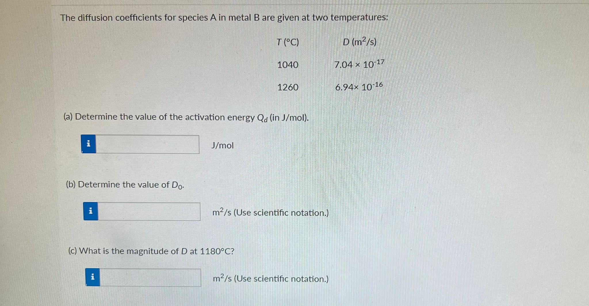 Solved The diffusion coefficients for species A in metal B | Chegg.com