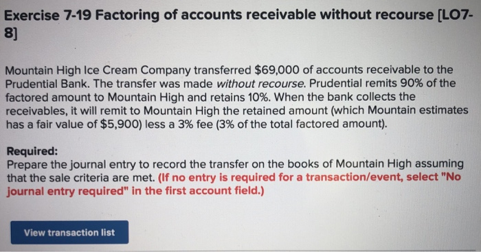 Solved Exercise 7-19 Factoring Of Accounts Receivable | Chegg.com