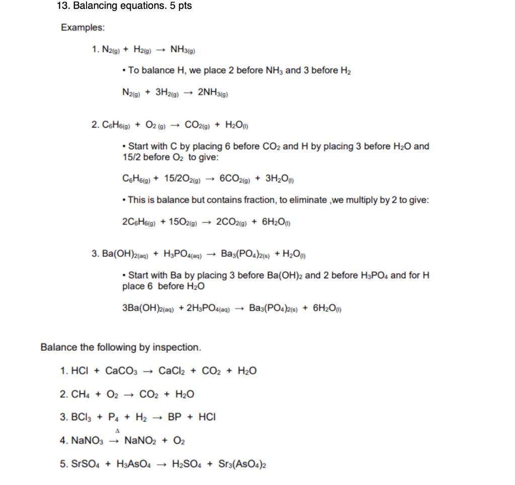 Solved 13. Balancing equations. 5 pts Examples: 1. | Chegg.com