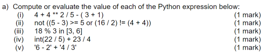 Solved a) Compute or evaluate the value of each of the | Chegg.com