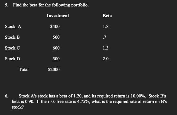 Solved 5. Find The Beta For The Following Portfolio. | Chegg.com