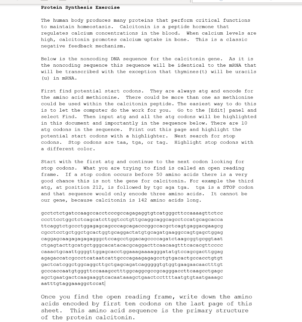 Solved Protein Synthesis Exercise The human body produces | Chegg.com