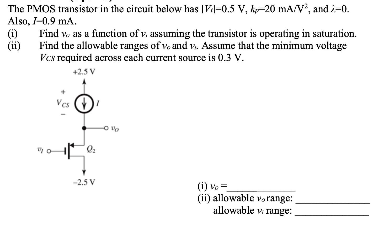 Solved (i) The PMOS transistor in the circuit below has | Chegg.com