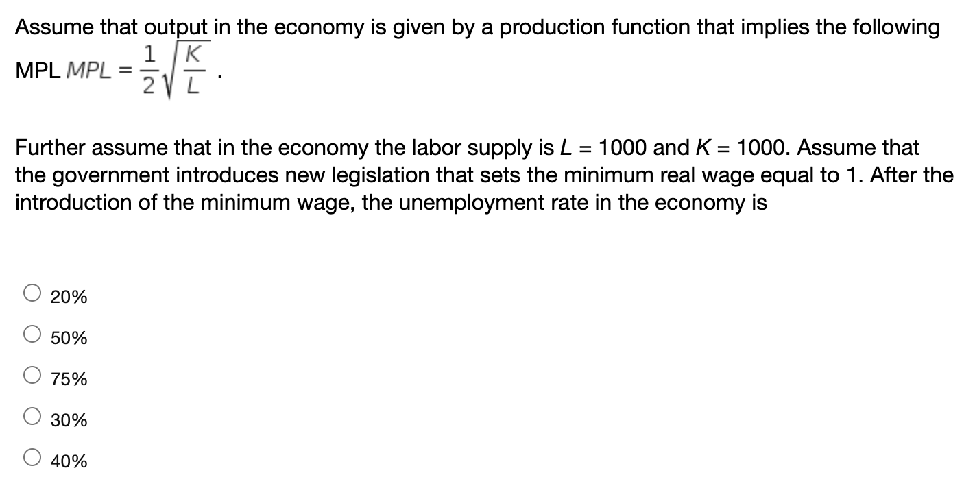 Solved Assume that output in the economy is given by a | Chegg.com