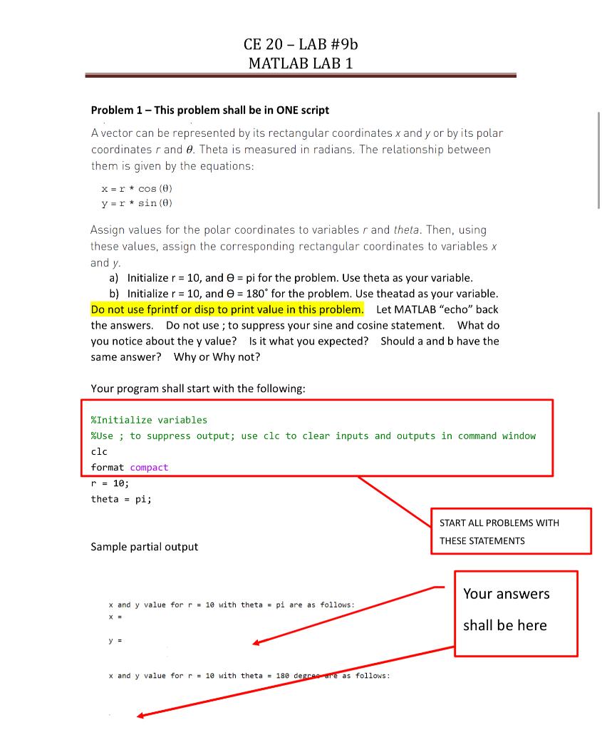 Solved CE 20 - LAB #9b MATLAB LAB 1 Problem 1 - This problem | Chegg.com