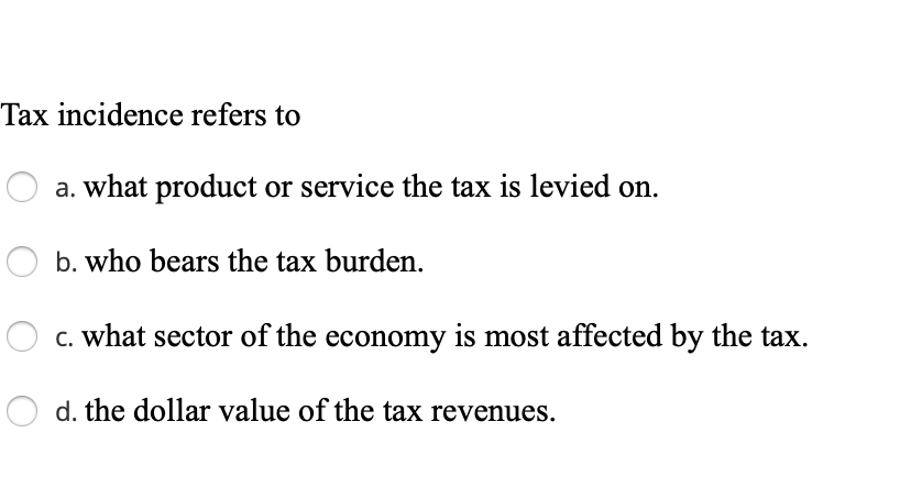 Solved Tax Incidence Refers To A What Product Or Service Chegg
