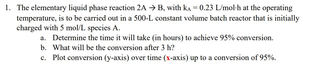Solved 1. The elementary liquid phase reaction 2A →B, with | Chegg.com
