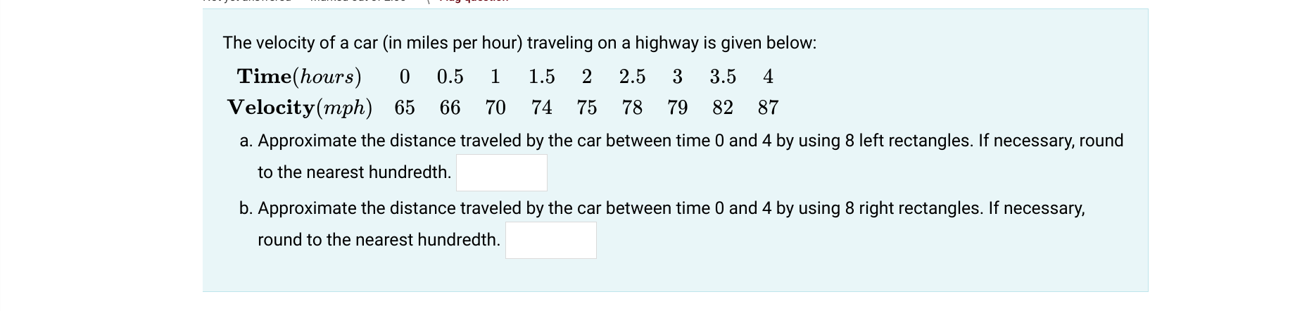 Solved The velocity of a car (in miles per hour) traveling | Chegg.com