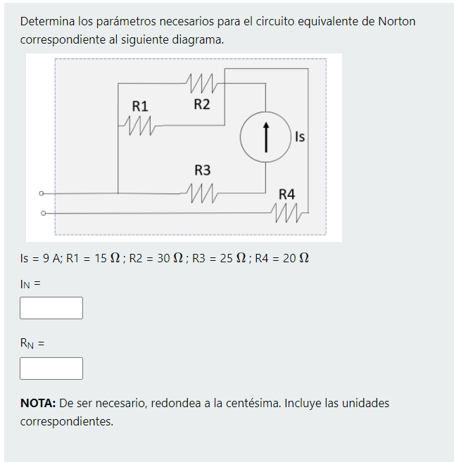 Determina los parámetros necesarios para el circuito equivalente de Norton correspondiente al siguiente diagrama. M R1 R2 РУМ