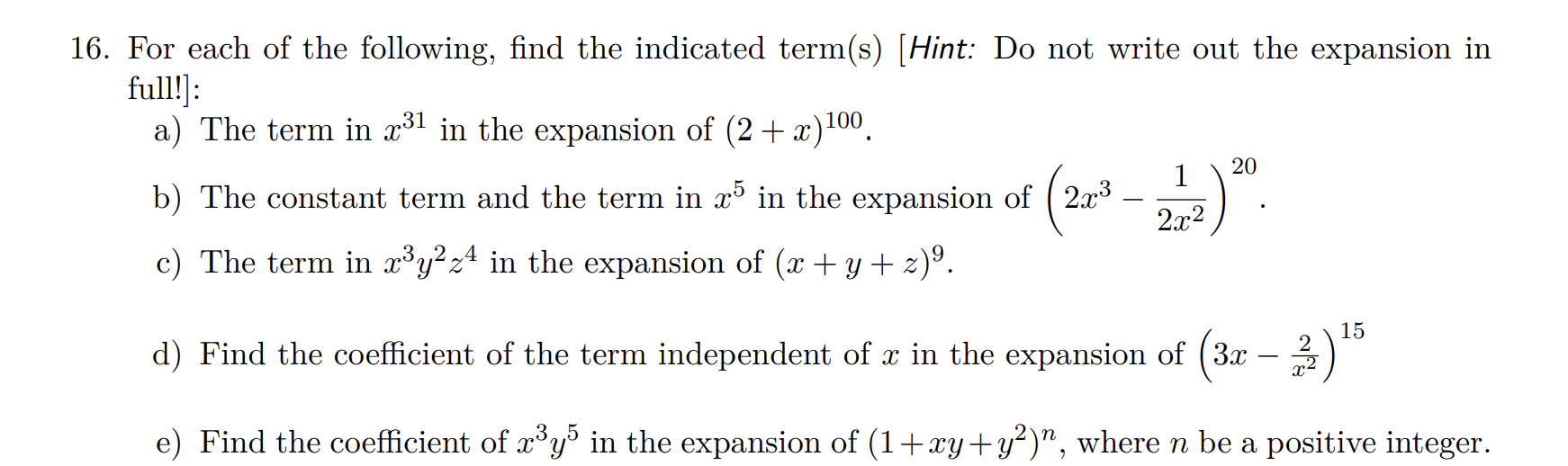 Solved 16. For each of the following, find the indicated | Chegg.com