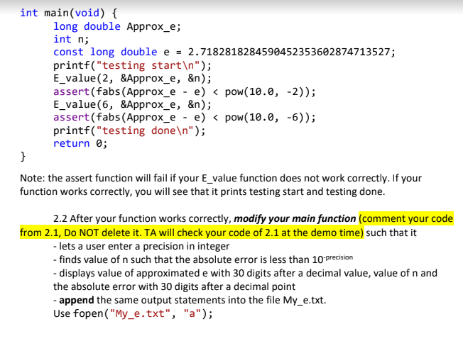 2.1 Write a C function that calculates the value of e | Chegg.com