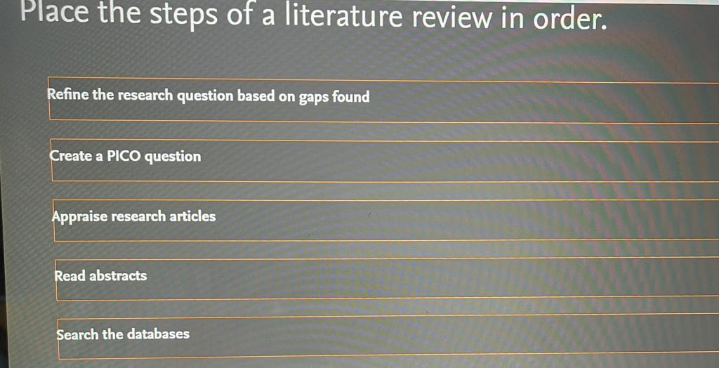 Place the steps of a literature review in order. Refine the research question based on gaps found Create a PICO question Appr