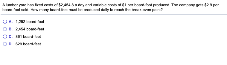 Solved A lumber yard has fixed costs of $2,454.8 a day and | Chegg.com