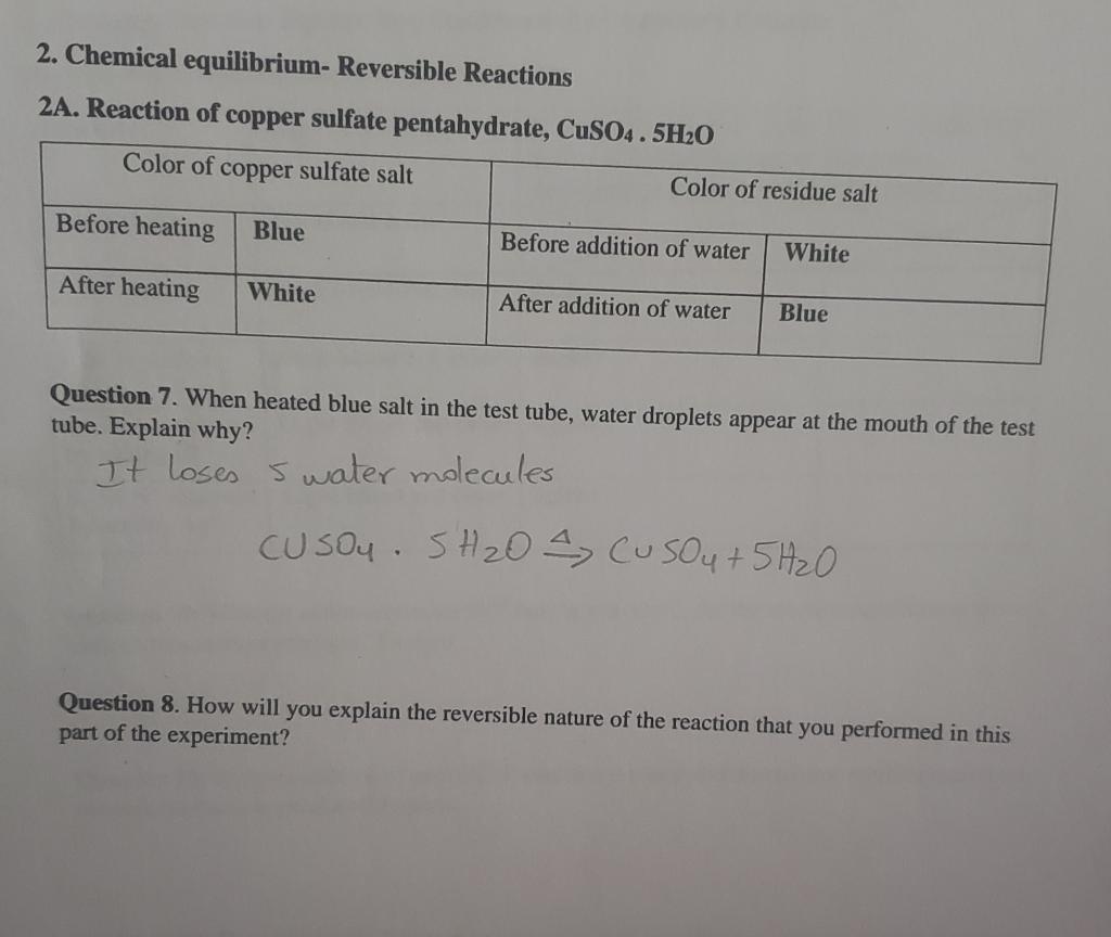 Solved 2. Chemical equilibrium- Reversible Reactions 2A. | Chegg.com