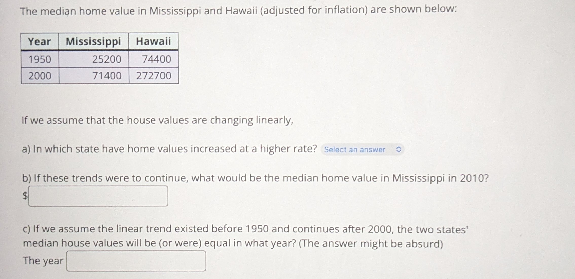 Solved The median home value in Mississippi and Hawaii