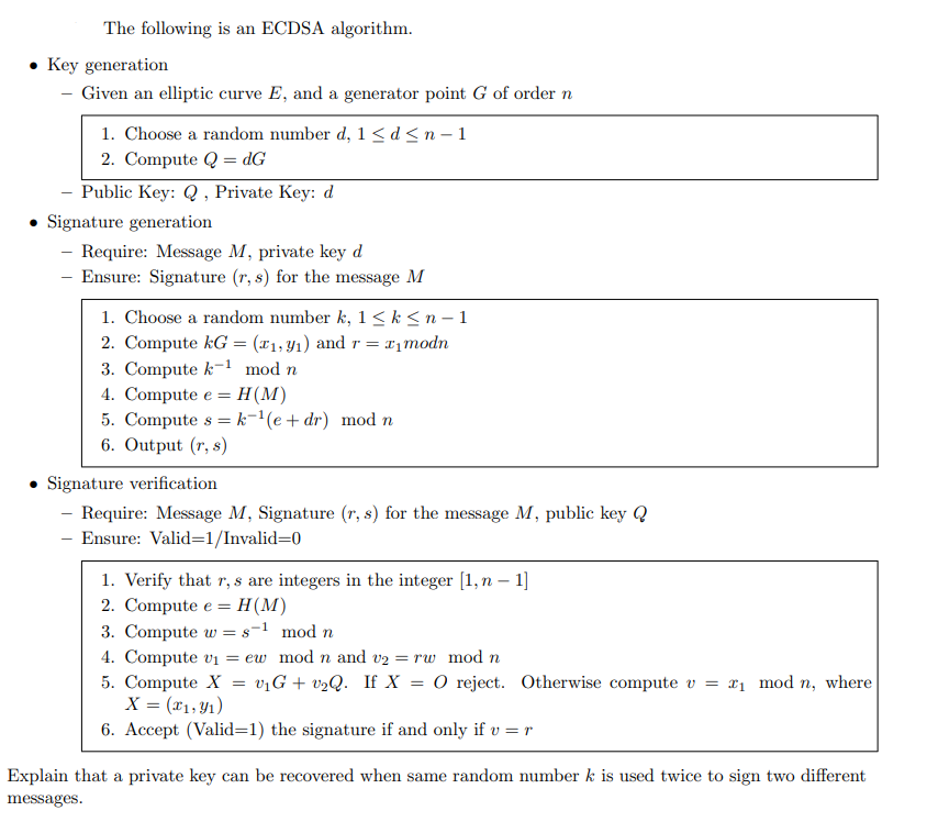 Solved The Following Is An Ecdsa Algorithm Key Generat Chegg Com