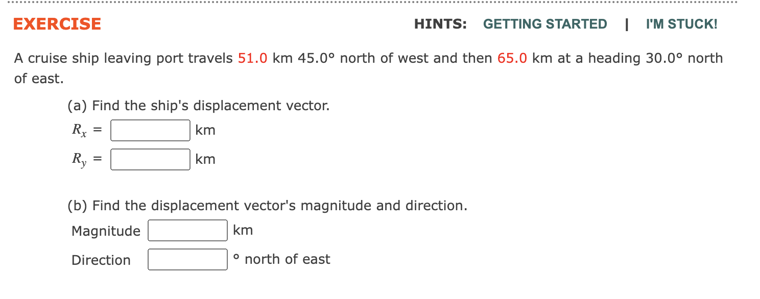 Solved cruise ship leaving port travels 51.0 km45.0∘ north | Chegg.com