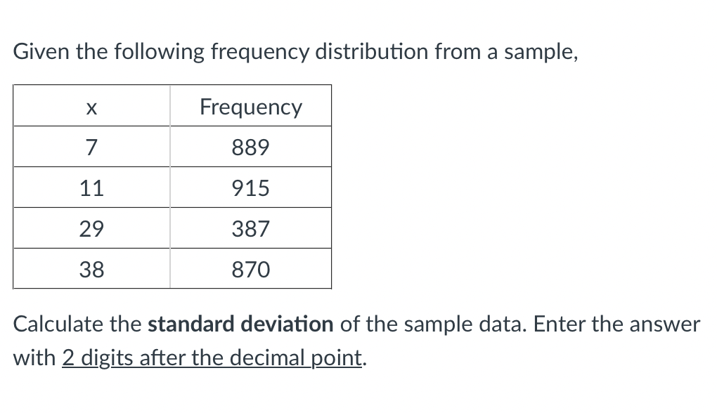 Given the following frequency distribution from a sample,
Calculate the standard deviation of the sample data. Enter the answ