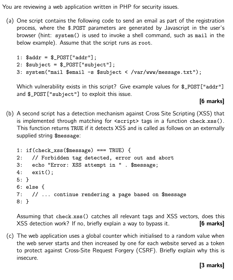 Solved You are reviewing a web application written in PHP | Chegg.com image.