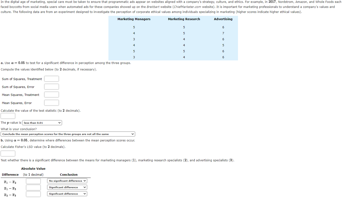 Solved a. Use α=0.05 to test for a significant difference in | Chegg.com