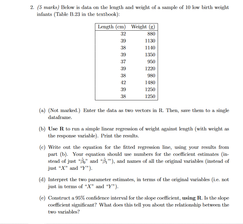 Solved 2. (5 Marks) Below Is Data On The Length And Weight | Chegg.com