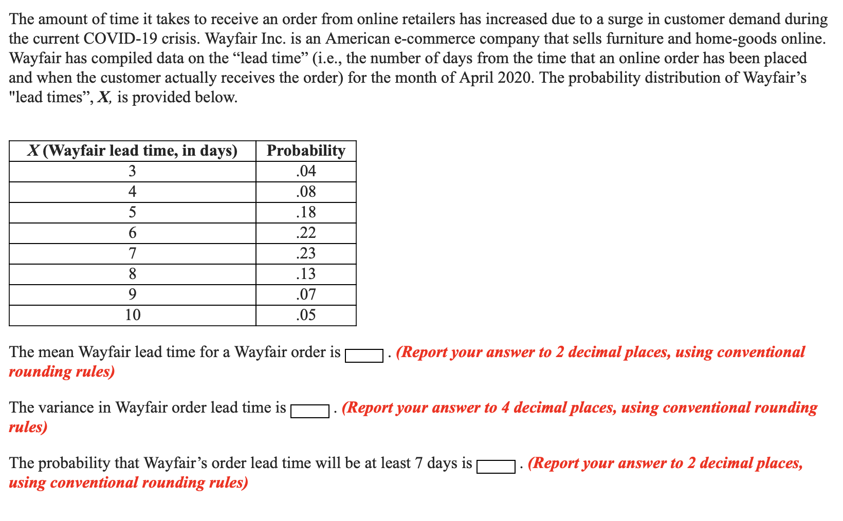 Solved The amount of time it takes to receive an order from | Chegg.com