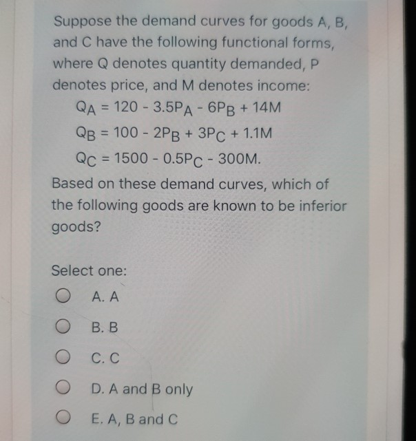 Solved Suppose The Demand Curves For Goods A, B, And C Have | Chegg.com