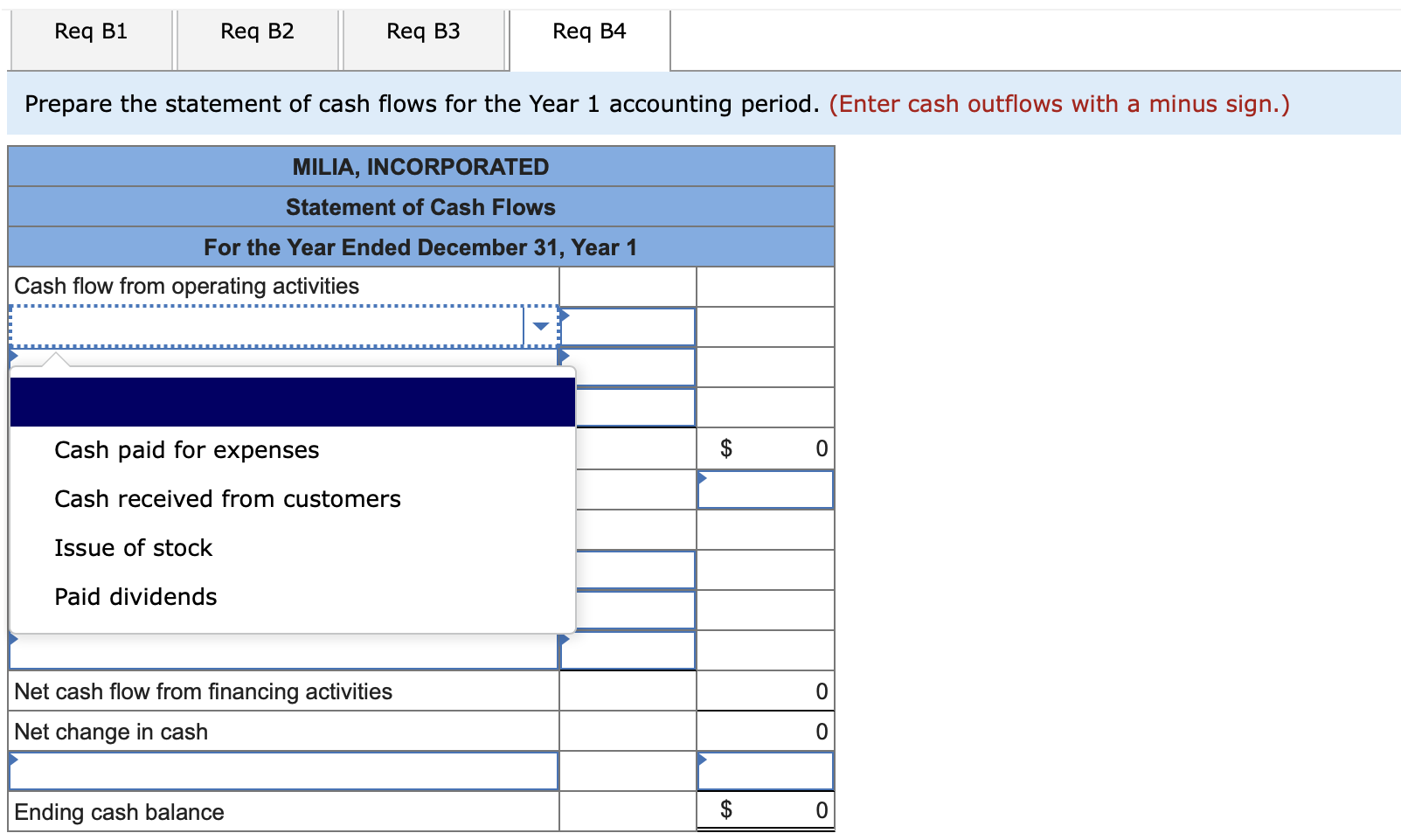 \begin{tabular}{|l||l|l||}
\hline Req B1 & Req B2 & Req B3 \\
\hline
\end{tabular}
Req B4
Prepare the statement of cash flows