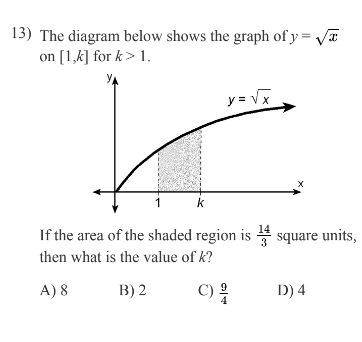 Solved 13) The diagram below shows the graph of y=x on [1,k] | Chegg.com