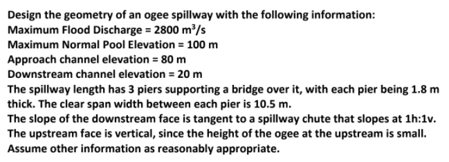 Design the geometry of an ogee spillway with the | Chegg.com