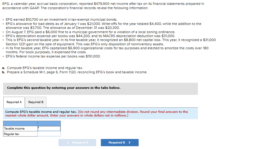Solved EFG. a calendar year, accrual basis corporation, | Chegg.com