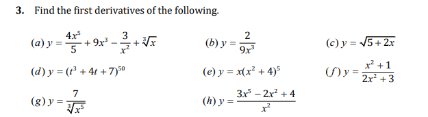 Solved 3. Find the first derivatives of the following. (a) | Chegg.com