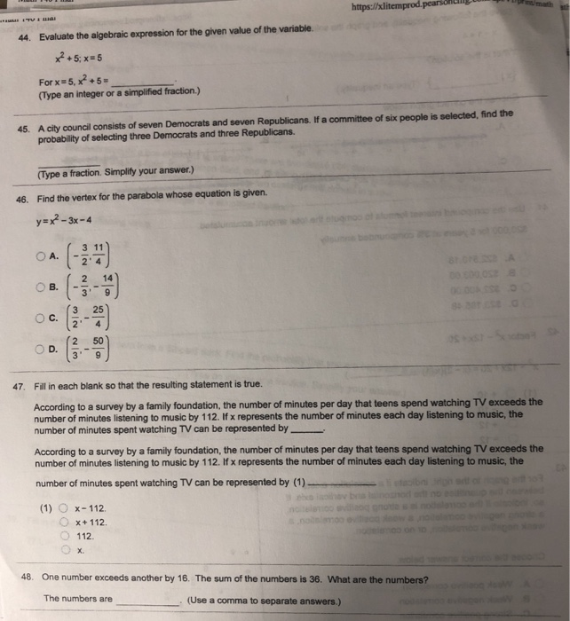 Solved 44. Evaluate the algebraic expression for the given | Chegg.com