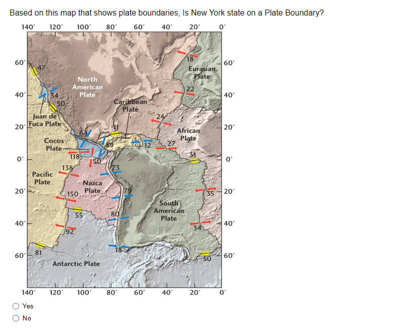 Based on this map that shows plate boundaries, Is New York state on a Plate Boundary?