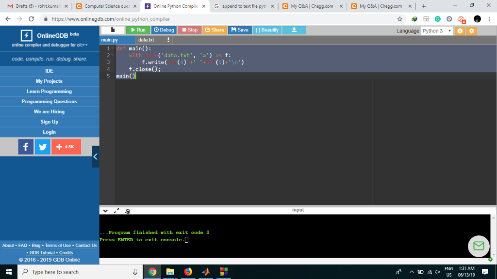 Solved 5 Create New File Named Datatxt Contain 0 1 1 2 2 3 3 4 Write Program Using Methods Open W Q