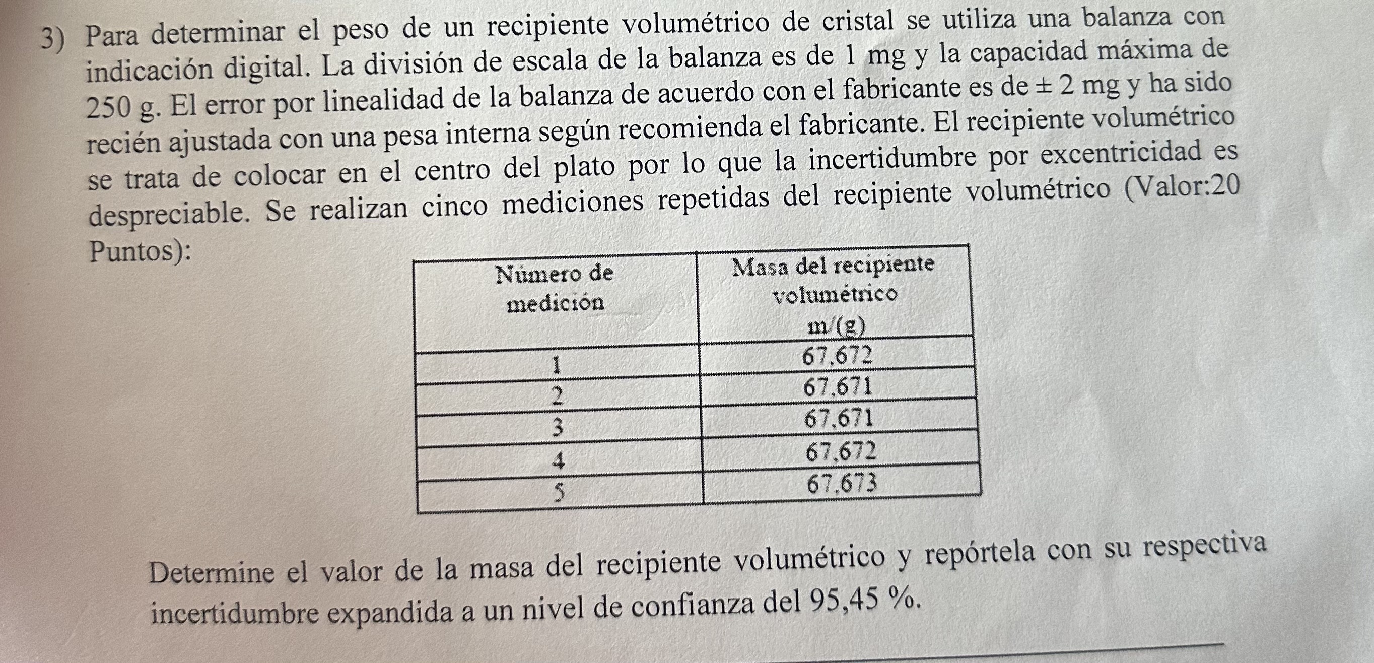 3) Para determinar el peso de un recipiente volumétrico de cristal se utiliza una balanza con indicación digital. La división