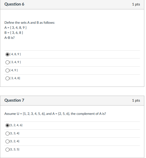 Solved Question 6 1 pts Define the sets A and B as follows: | Chegg.com