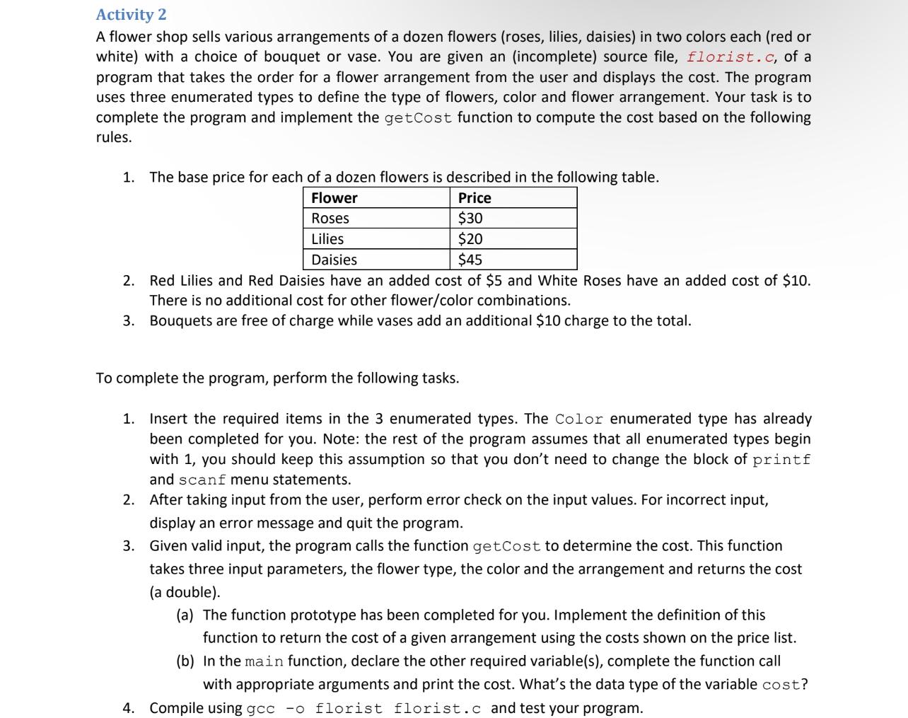 Solved Activity 2 A flower shop sells various arrangements