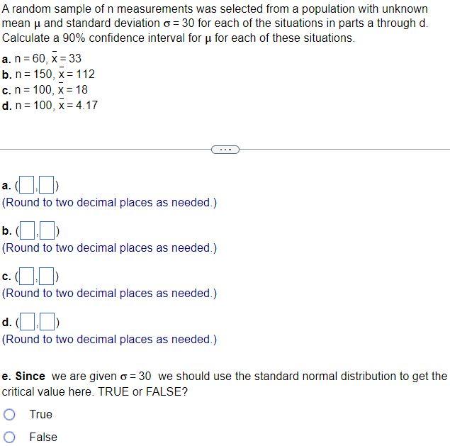 Solved A random sample of n measurements was selected from a | Chegg.com