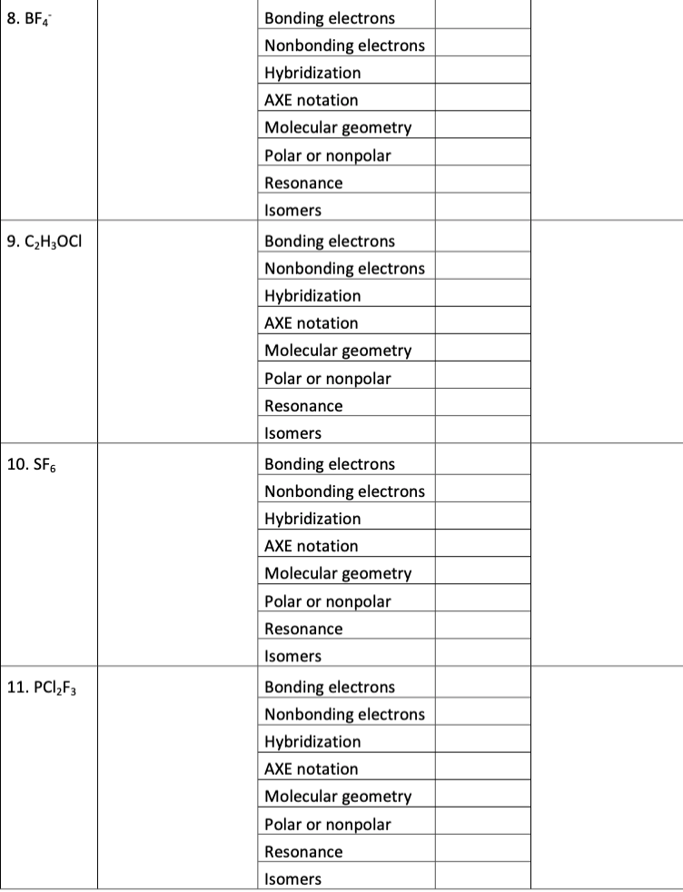 Solved 8. BF4 9. C2H3OCI Bonding electrons Nonbonding | Chegg.com