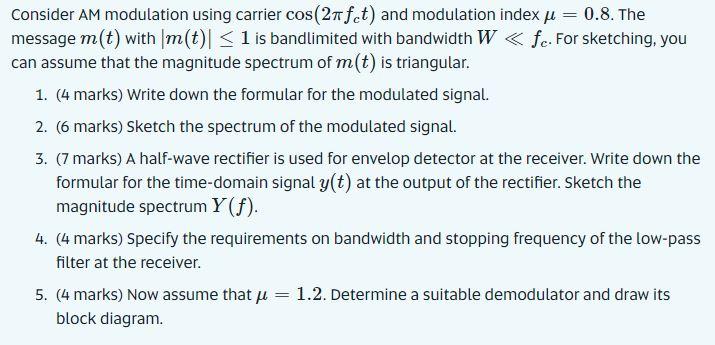Consider AM modulation using carrier cos(2πfct) and | Chegg.com