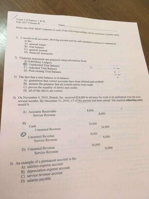 Solved Exam 2 (Chapters 7 &8) Fall 2017 Version B Name | Chegg.com