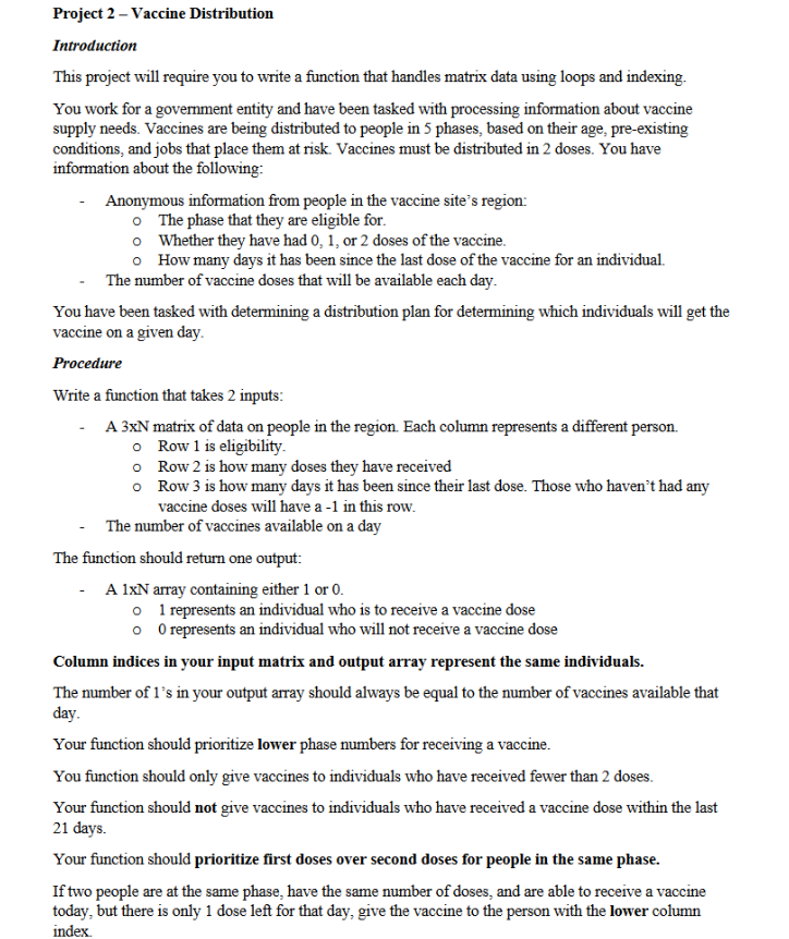 Solved Project 2 - Vaccine Distribution Introduction This | Chegg.com